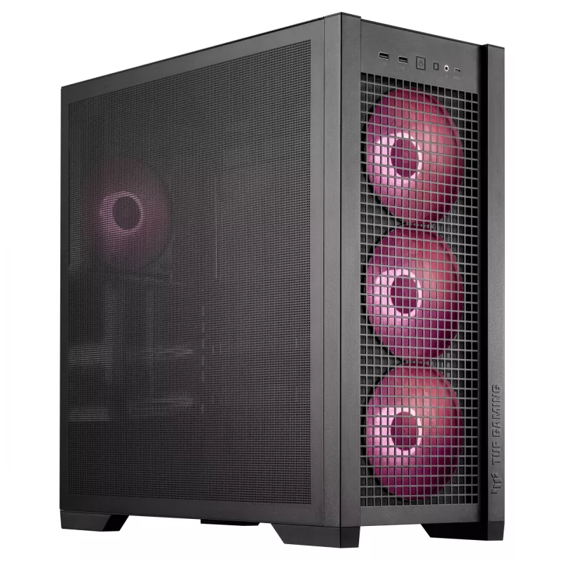 PC korpusas ASUS TUF Gaming GT302 ARGB Midi Tower Juodas — Grūdintas stiklas, 3x140mm priekyje + 1x140mm gale, USB-C