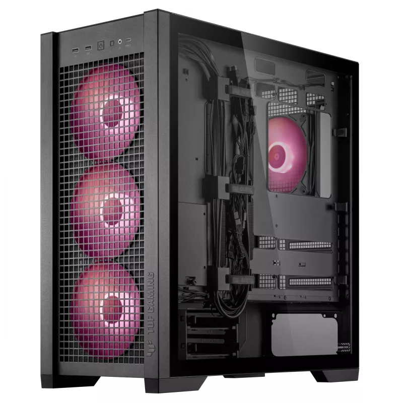 PC korpusas ASUS TUF Gaming GT302 ARGB Midi Tower Juodas — Grūdintas stiklas, 3x140mm priekyje + 1x140mm gale, USB-C