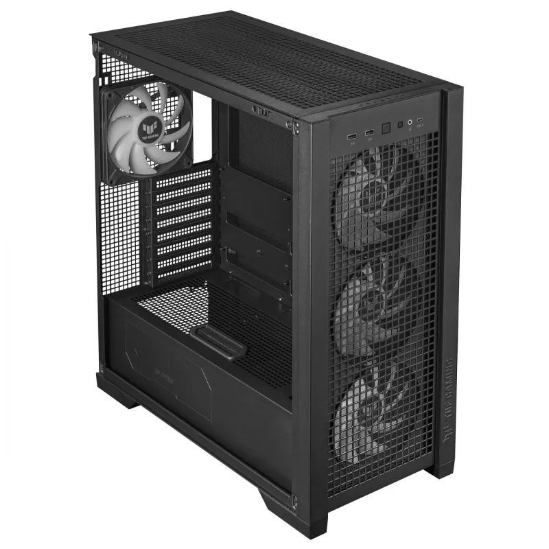 PC korpusas ASUS TUF Gaming GT302 ARGB Midi Tower Juodas — Grūdintas stiklas, 3x140mm priekyje + 1x140mm gale, USB-C
