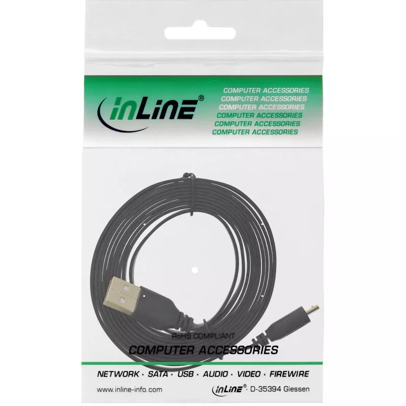 InLine Micro USB 2.0 plokščias laidas USB A / Micro-B, juodas/auksinis, 3 m