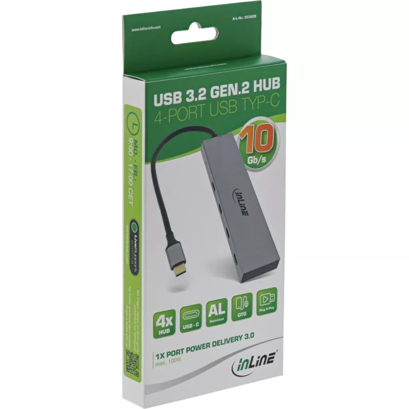 InLine USB 3.2 Gen.2 4 prievadų USB-C šakotuvas (10Gb/s), OTG, aliumininis korpusas
