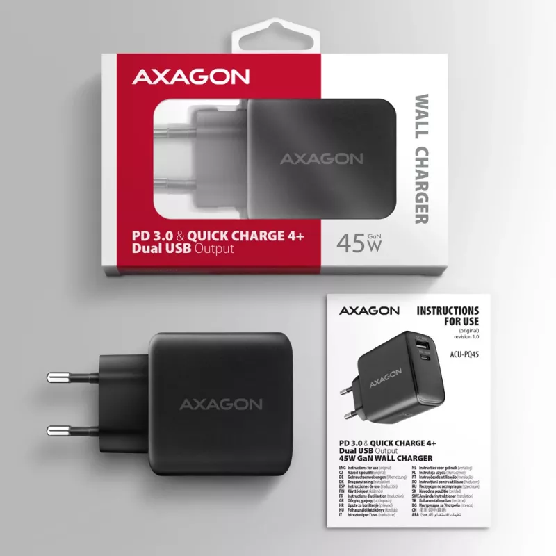 Įkroviklis Axagon ACU-PQ45 QC 3.0 4.0 AFC FCP PPS PD 45W Juodas