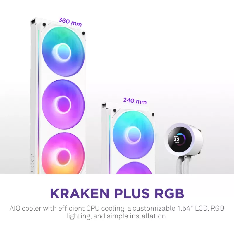 Vandens aušintuvas CPU NZXT Kraken Plus RGB 240 — 120 mm ventiliatoriai, FDB guolis, baltas