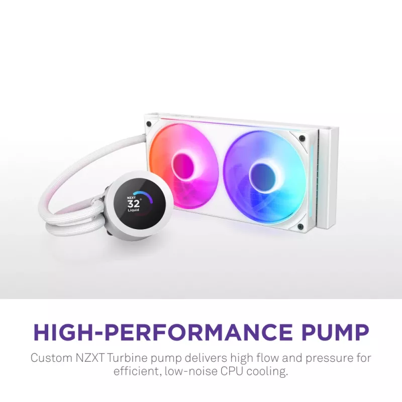 Vandens aušintuvas CPU NZXT Kraken Plus RGB 240 — 120 mm ventiliatoriai, FDB guolis, baltas