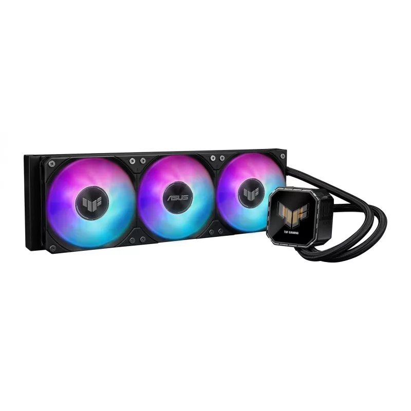 All-in-one skysčio aušintuvas ASUS TUF Gaming LC III 360 ARGB LCD — 360 mm radiatorius, 3x 120 mm ventiliatoriai, Socket AM5/AM4/LGA1700/LGA1200, Juodas