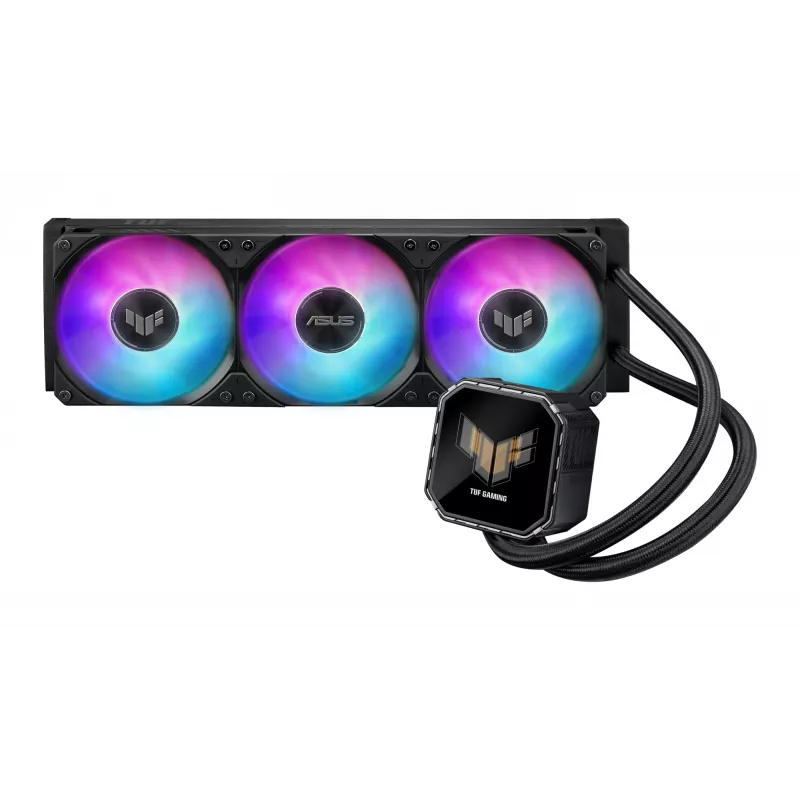 All-in-one skysčio aušintuvas ASUS TUF Gaming LC III 360 ARGB LCD — 360 mm radiatorius, 3x 120 mm ventiliatoriai, Socket AM5/AM4/LGA1700/LGA1200, Juodas