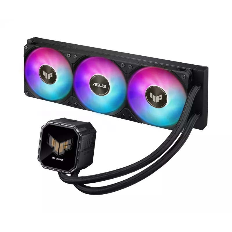 All-in-one skysčio aušintuvas ASUS TUF Gaming LC III 360 ARGB LCD — 360 mm radiatorius, 3x 120 mm ventiliatoriai, Socket AM5/AM4/LGA1700/LGA1200, Juodas