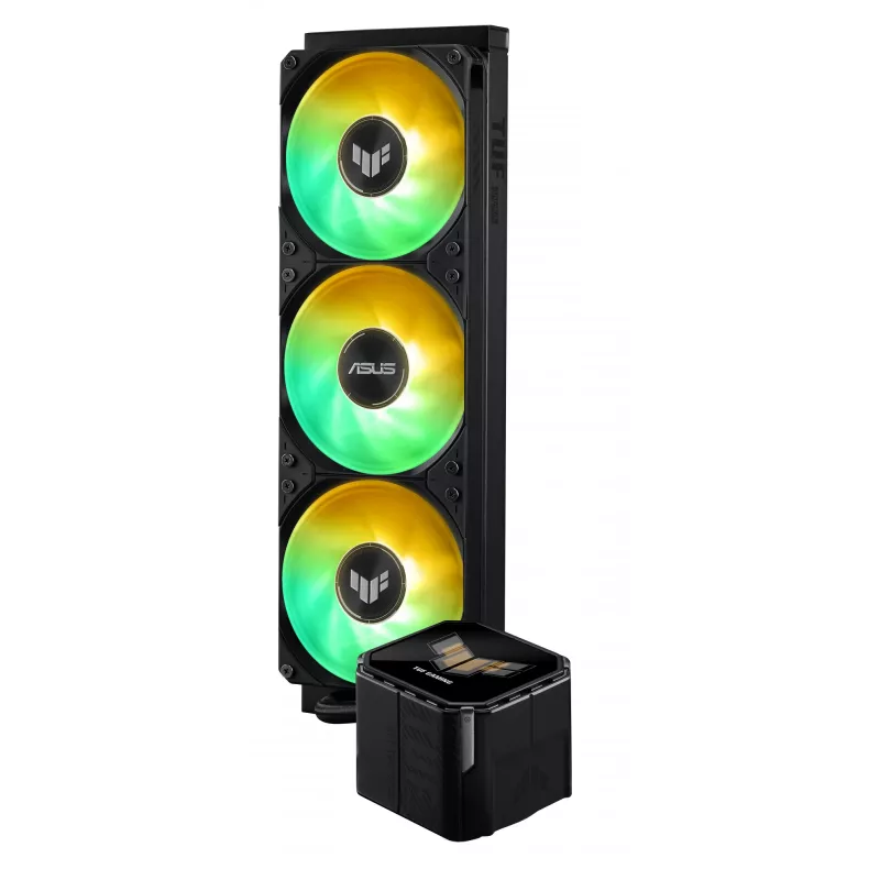 All-in-one skysčio aušintuvas ASUS TUF Gaming LC III 360 ARGB LCD — 360 mm radiatorius, 3x 120 mm ventiliatoriai, Socket AM5/AM4/LGA1700/LGA1200, Juodas