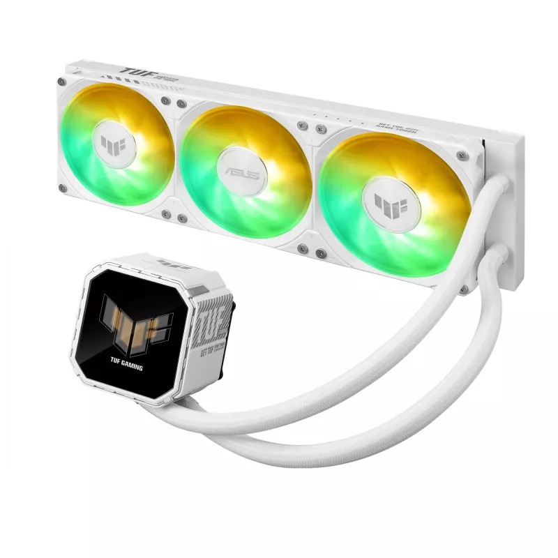 ASUS TUF Gaming LC III 360 ARGB LCD White Edition – skystas aušinimas CPU, 360 mm radiatorius, 3×120 mm PWM ventiliatoriai, LCD ekranas, baltas