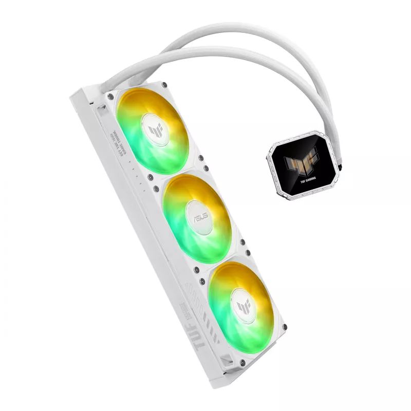 ASUS TUF Gaming LC III 360 ARGB LCD White Edition – skystas aušinimas CPU, 360 mm radiatorius, 3×120 mm PWM ventiliatoriai, LCD ekranas, baltas