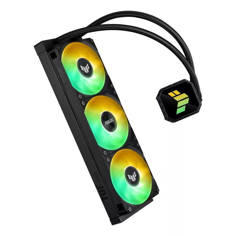 Vandens aušintuvas ASUS TUF GAMING LC III 360 ARGB — 120 mm ventiliatoriai, palaiko AM4/LGA1200/LGA1700/AM5, juodas