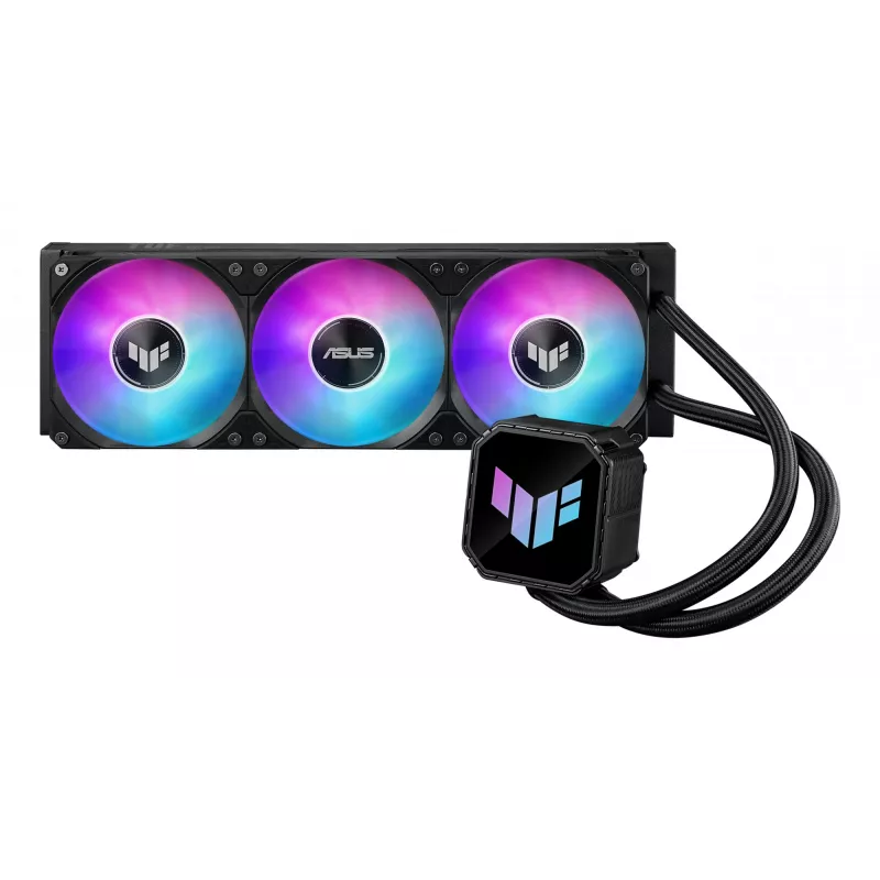 Vandens aušintuvas ASUS TUF GAMING LC III 360 ARGB — 120 mm ventiliatoriai, palaiko AM4/LGA1200/LGA1700/AM5, juodas