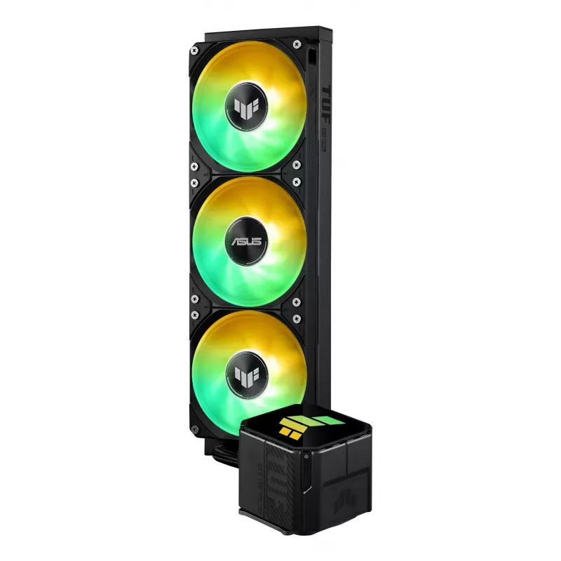 Vandens aušintuvas ASUS TUF GAMING LC III 360 ARGB — 120 mm ventiliatoriai, palaiko AM4/LGA1200/LGA1700/AM5, juodas