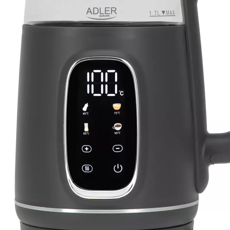 Elektrinis virdulys Adler AD 1305 G – 1.7 L, 2200 W, reguliuojamas termostatas, LED ekranas, pilka spalva