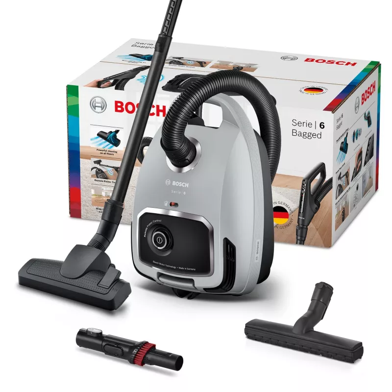 Cikloninis dulkių siurblys Bosch Serie 6 BGB6X330 — 600 W, HEPA 13, 4 L dulkių maišelis, kietoms grindims ir kilimams, 6 kg, pilka/juoda