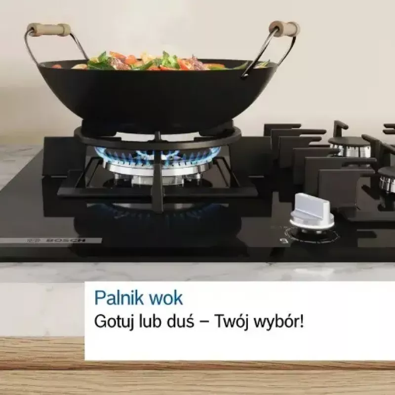 Įmontuojama dujinė kaitlentė Bosch PCH6A5I90, 60 cm, nerūdijantis plienas, 4 dujinės zonos + 1 wok, Flame Select, ketaus grotelės