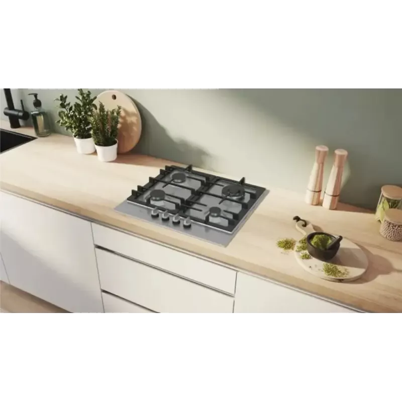 Įmontuojama dujinė kaitlentė Bosch PCH6A5I90, 60 cm, nerūdijantis plienas, 4 dujinės zonos + 1 wok, Flame Select, ketaus grotelės
