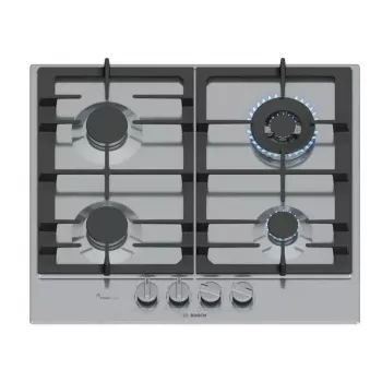 Įmontuojama dujinė kaitlentė Bosch PCH6A5I90, 60 cm, nerūdijantis plienas, 4 dujinės zonos + 1 wok, Flame Select, ketaus grotelės