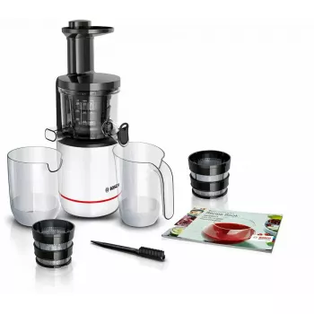 Lėtas sulčiaspaudė Bosch MESM500W — 150 W, 1 L, kompaktiškas 152×152×427 mm, baltas/juodas