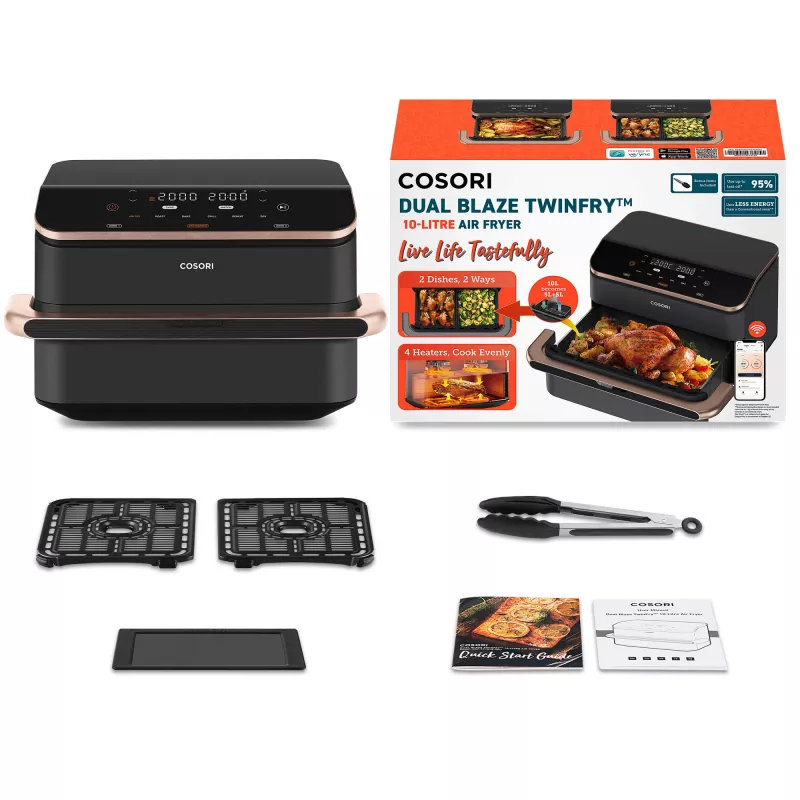 Karšto oro gruzdintuvė Cosori Dual Blaze Twinfry Chef Edition, dviguba, 10 L, 2800 W, tamsiai pilka, rožinis auksas