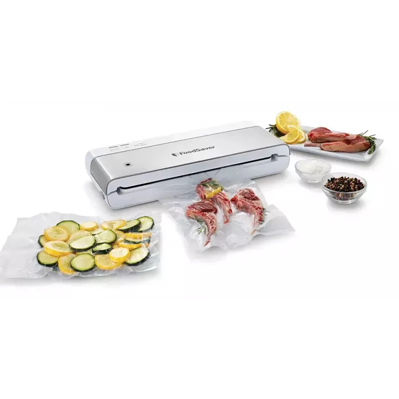 Vakuuminis maisto pakuotuvas FoodSaver VS0100X su sukamuoju valdikliu, komplekte ritinys ir 4 maišeliai, sidabriškai baltas