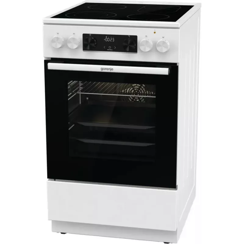 Laisvai pastatoma elektrinė viryklė Gorenje GECS5C70WA, kaitlentė su keturiomis kaitvietėmis, balta, orkaitė 70 l, sukamosios rankenėlės, LED ekranas