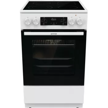 Laisvai pastatoma elektrinė viryklė Gorenje GECS5C70WA, kaitlentė su keturiomis kaitvietėmis, balta, orkaitė 70 l, sukamosios rankenėlės, LED ekranas