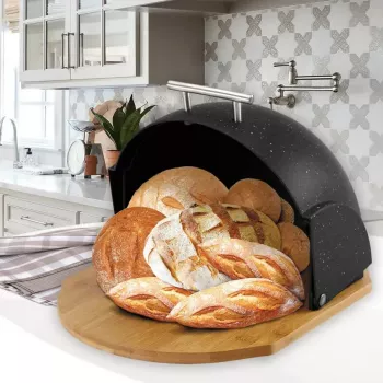Duonos dėžutė Maestro MR-1678G-BLACK ovali, plastikas su bambuko dangčiu, 350×200×250 mm
