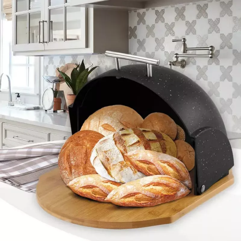 Duonos dėžutė Maestro MR-1678G-BLACK ovali, plastikas su bambuko dangčiu, 350×200×250 mm