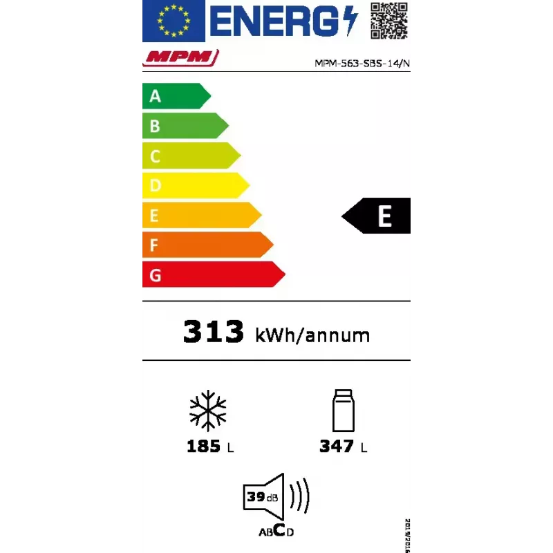 Šaldytuvas šaldiklis šonas prie šono MPM MPM-563-SBS-14/N — 532 L bendras, 347 L šaldytuvas, 185 L šaldiklis, nerūdijantis plienas