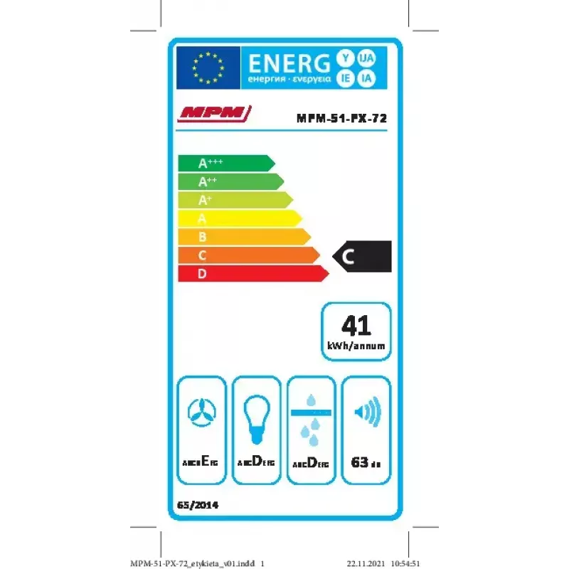 Įmontuojamas gartraukis MPM MPM-51-PX-72 juodas, 500 mm, 175 m³/h, 3 greičiai, aliumininis riebalų filtras