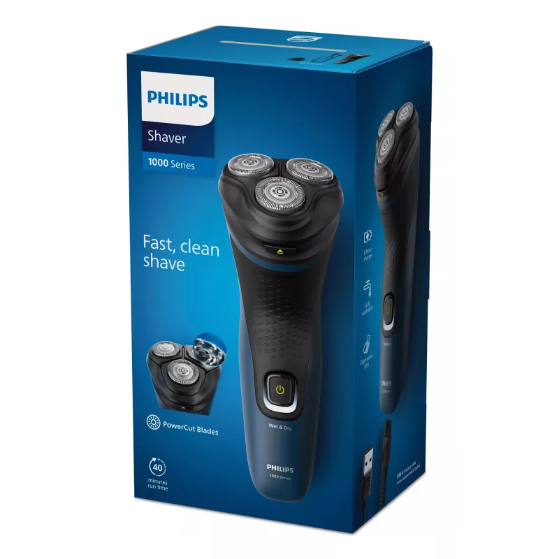 Elektrinis skustuvas vyrams Philips S1151/00 sukamaisiais 3 galvutėmis, NiMH akumuliatorius, šlapias ir sausas, 40 min veikimo laikas, juodas/mėlynas