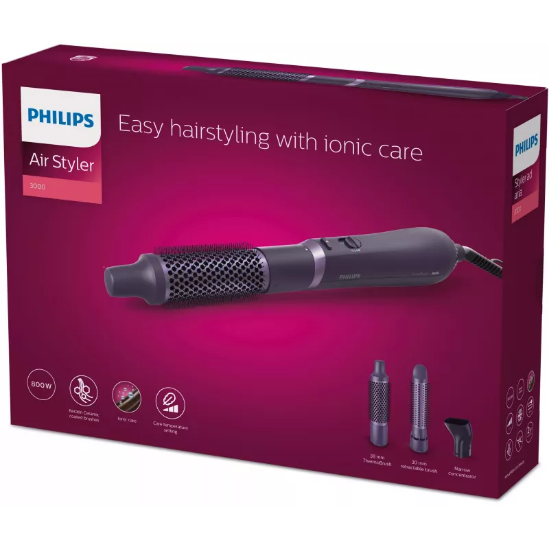 Plaukų džiovinimo ir formavimo rinkinys Philips 3000 serijos BHA305/00 – 800 W, 3 šildymo lygiai, 3 antgaliai, violetinis