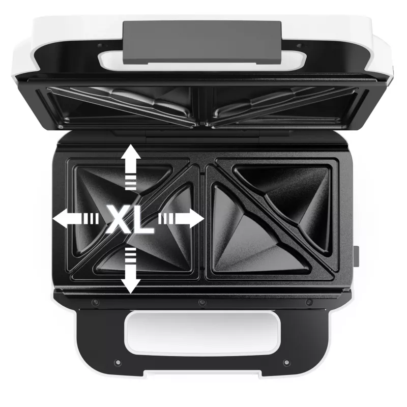 Sumuštinių keptuvė Tefal SW7011 — 850 W, nerūdijantis plienas ir balta, kompaktiška 238×276×98 mm