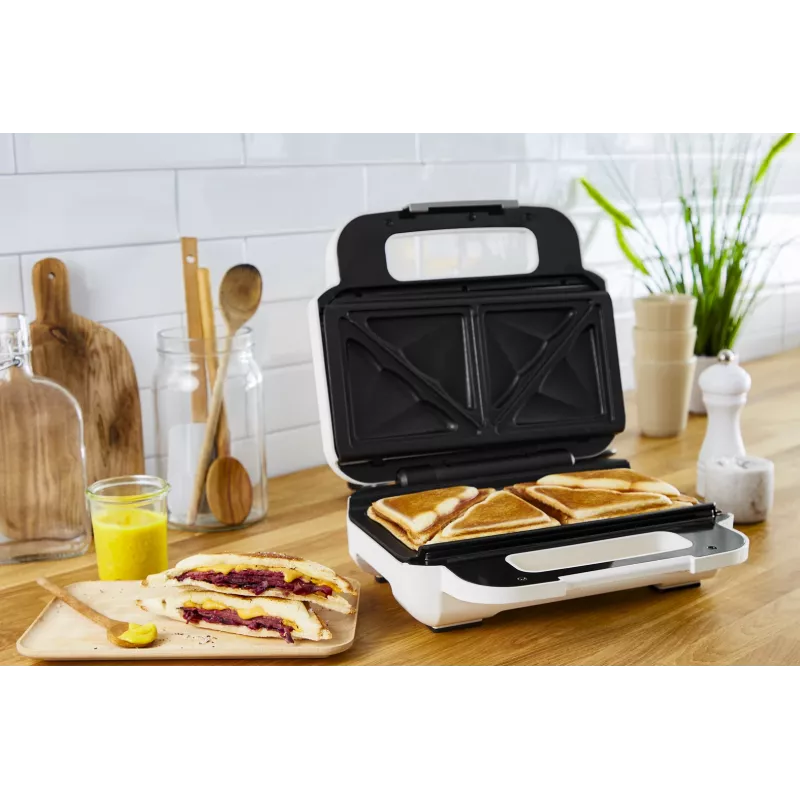 Sumuštinių keptuvė Tefal SW7011 — 850 W, nerūdijantis plienas ir balta, kompaktiška 238×276×98 mm