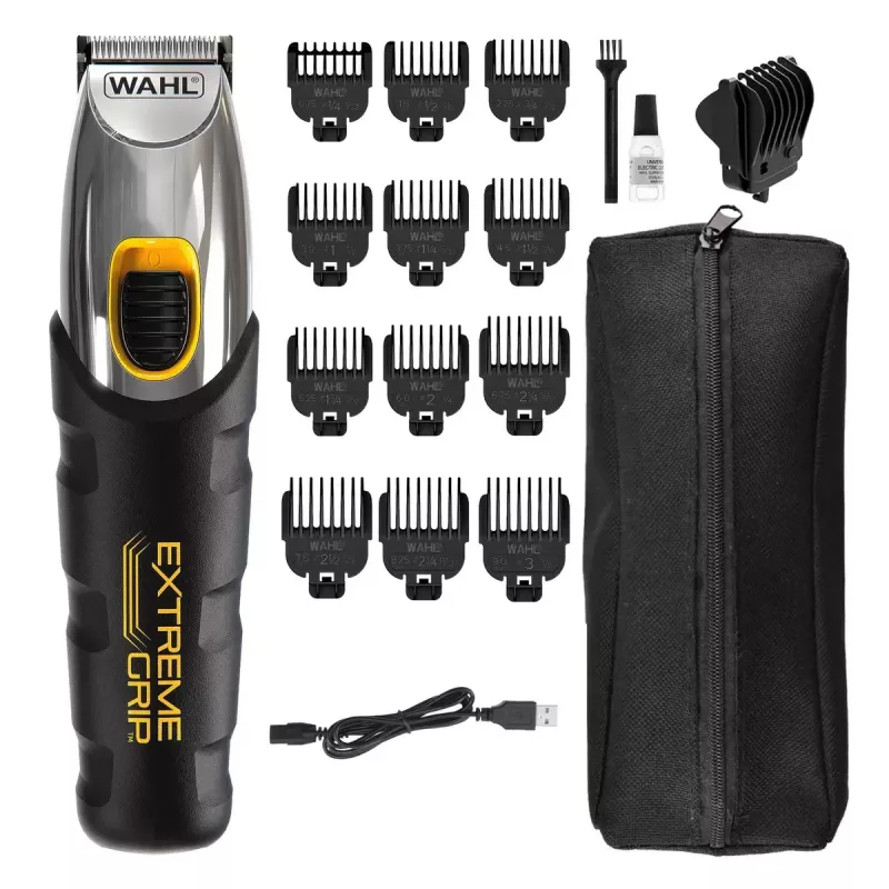 Plaukų kirpimo mašinėlė Wahl Extreme Grip AC/Baterija, belaidė, Li‑Ion, 240 min veikimo laikas, 12 ilgio pakopų, nerūdijančio plieno peilis, pjovimo plotis 3 cm, juoda