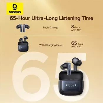 Belaidės ausinės į ausį Baseus 35 True – Bluetooth 5.3, ANC, 8 h atkūrimas (ANC išjungtas), 65 h su dėklu, 800 mAh dėklas, USB-C, juodos