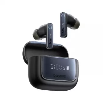 Belaidės ausinės į ausį Baseus 35 True – Bluetooth 5.3, ANC, 8 h atkūrimas (ANC išjungtas), 65 h su dėklu, 800 mAh dėklas, USB-C, juodos