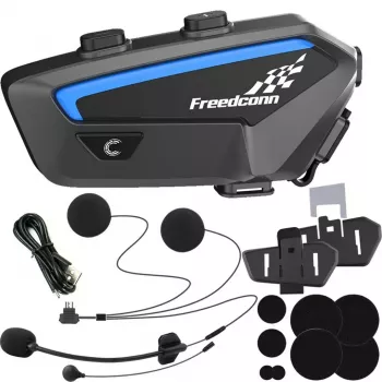 Motociklininkų interkomo ausinės FreedConn FX juodos – Bluetooth 5.0, IP67, atstumas 2000 m, 30 h pokalbio laiko