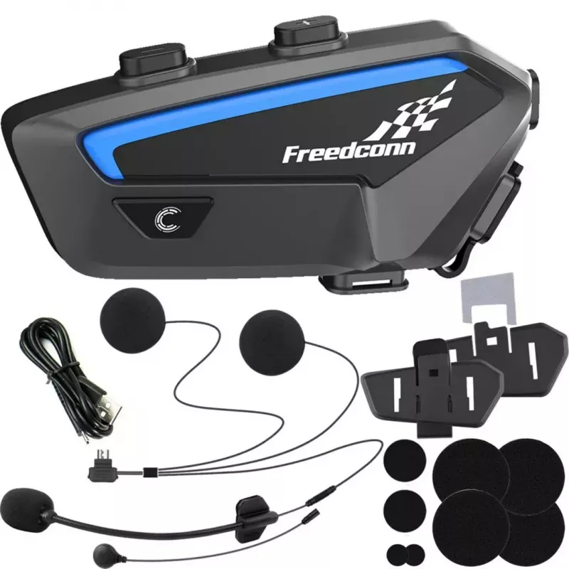 Motociklininkų interkomo ausinės FreedConn FX juodos – Bluetooth 5.0, IP67, atstumas 2000 m, 30 h pokalbio laiko