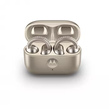 Ausinės Motorola Moto Buds Loop belaidės ausų segtuvai, dvipusės, Dolby Atmos, Bluetooth 5.0, ANC, 8 h grojimas, įkrovimo dėklas 520 mAh, smėlio spalvos