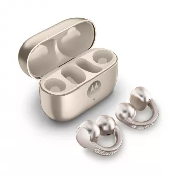 Ausinės Motorola Moto Buds Loop belaidės ausų segtuvai, dvipusės, Dolby Atmos, Bluetooth 5.0, ANC, 8 h grojimas, įkrovimo dėklas 520 mAh, smėlio spalvos