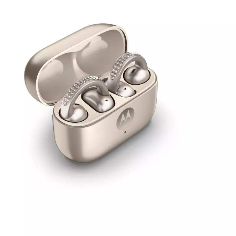Ausinės Motorola Moto Buds Loop belaidės ausų segtuvai, dvipusės, Dolby Atmos, Bluetooth 5.0, ANC, 8 h grojimas, įkrovimo dėklas 520 mAh, smėlio spalvos