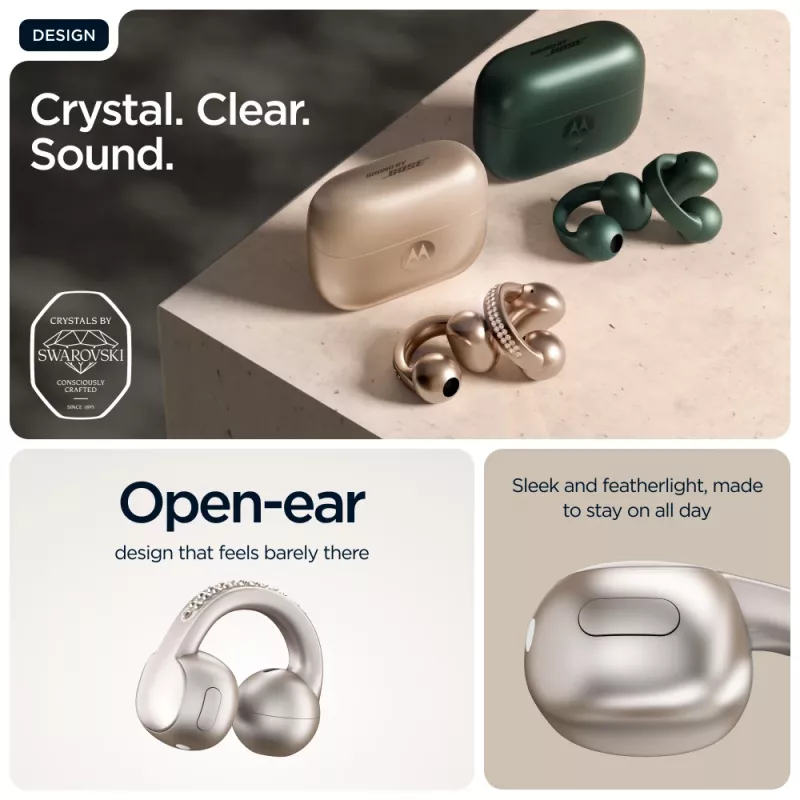Ausinės Motorola Moto Buds Loop belaidės ausų segtuvai, dvipusės, Dolby Atmos, Bluetooth 5.0, ANC, 8 h grojimas, įkrovimo dėklas 520 mAh, smėlio spalvos