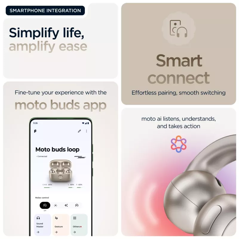Ausinės Motorola Moto Buds Loop belaidės ausų segtuvai, dvipusės, Dolby Atmos, Bluetooth 5.0, ANC, 8 h grojimas, įkrovimo dėklas 520 mAh, smėlio spalvos