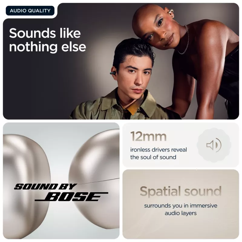 Ausinės Motorola Moto Buds Loop belaidės ausų segtuvai, dvipusės, Dolby Atmos, Bluetooth 5.0, ANC, 8 h grojimas, įkrovimo dėklas 520 mAh, smėlio spalvos