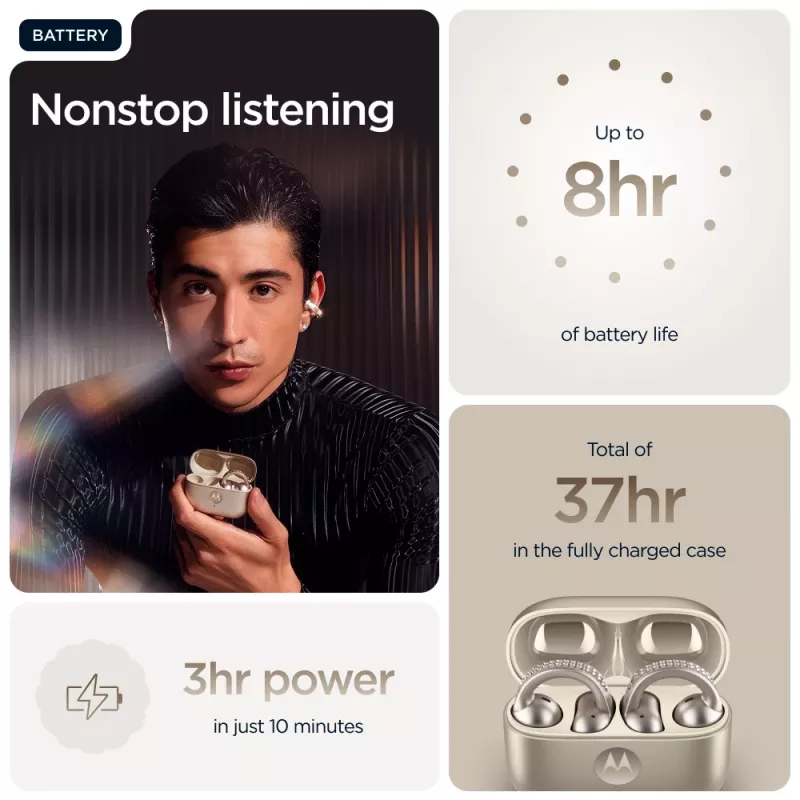 Ausinės Motorola Moto Buds Loop belaidės ausų segtuvai, dvipusės, Dolby Atmos, Bluetooth 5.0, ANC, 8 h grojimas, įkrovimo dėklas 520 mAh, smėlio spalvos