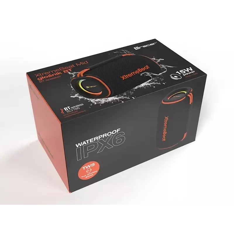 Nešiojamas stereo garsiakalbis TRACER XtremeBeat TWS — 15 W, IPX6, Bluetooth 5.3, 6 h, AUX/USB, mikrofonas