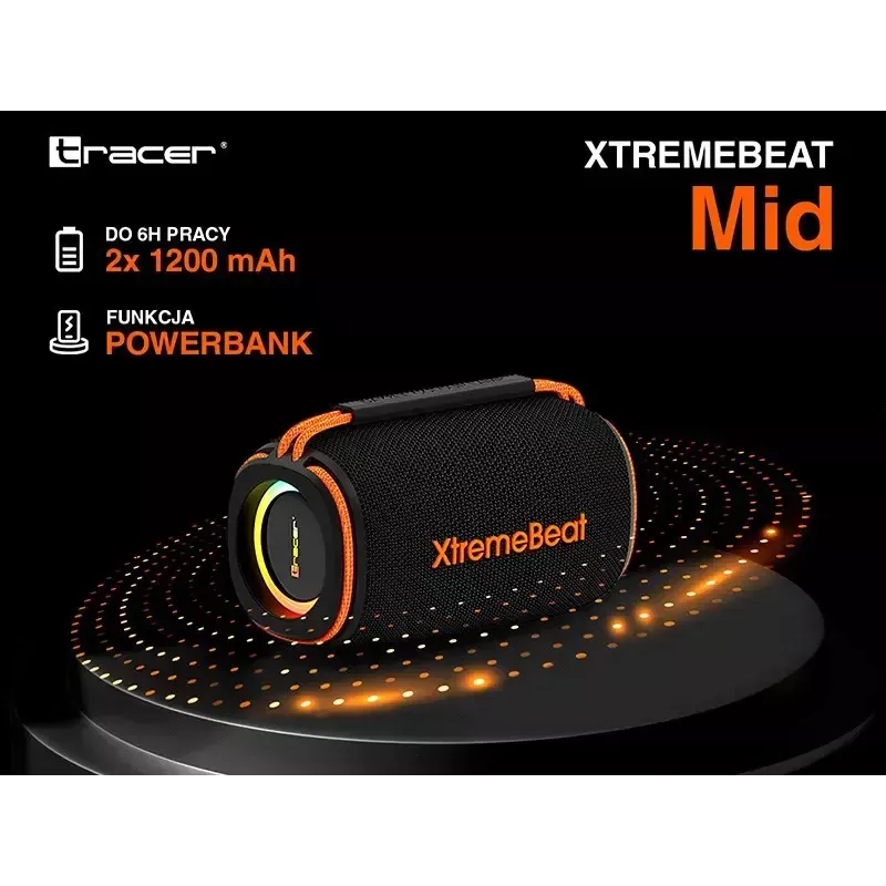 Nešiojamas stereo garsiakalbis TRACER XtremeBeat TWS — 15 W, IPX6, Bluetooth 5.3, 6 h, AUX/USB, mikrofonas