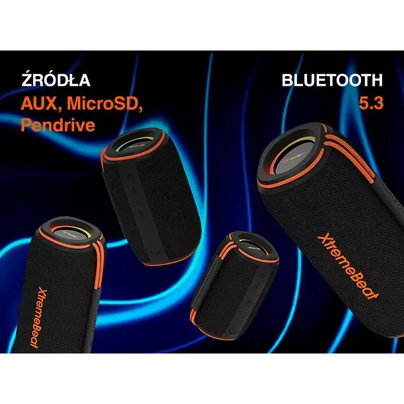Nešiojamas stereo garsiakalbis TRACER XtraVox XL TWS BT RGB — 25W RMS, IPX6, Bluetooth 5.3, AUX, USB-A